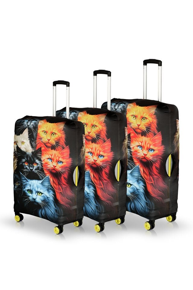 Valiz Kılıfı Bavul Koruyucu 3'lü Set (Renkli Kediler)